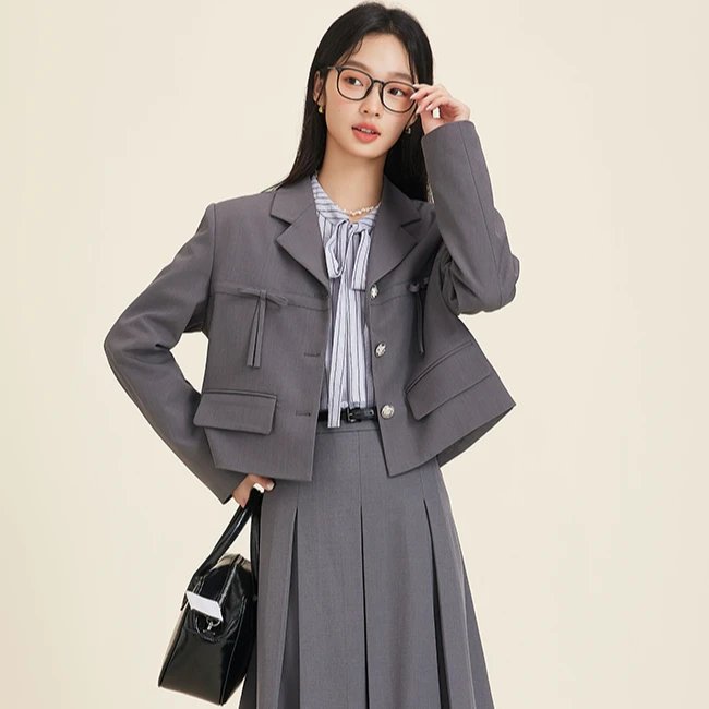 【优雅柏林】灰色蝴蝶结西装女面试套装秋冬衬衫公务员正装1593