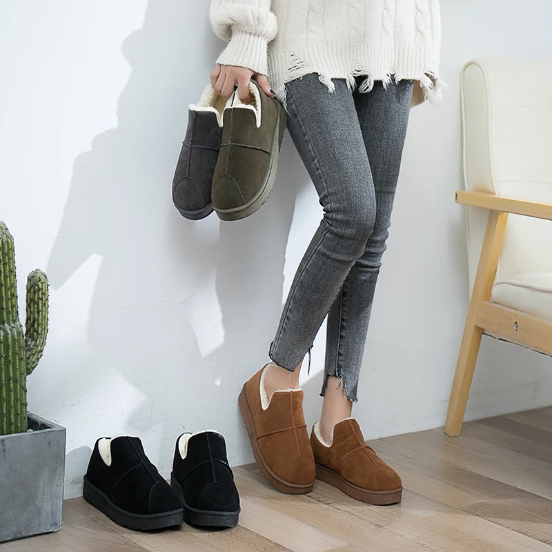 冬季雪地靴女短筒靴懒人平底短靴女冬加绒保暖棉鞋加厚学生面包鞋