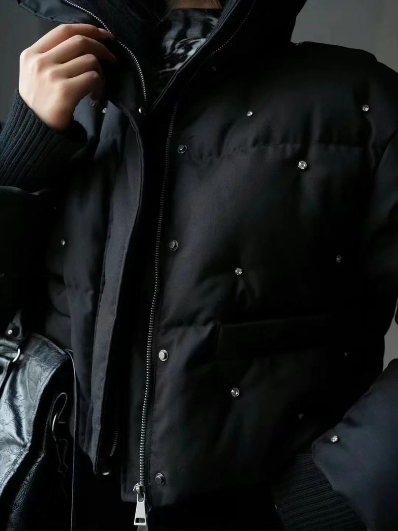 欧洲站2024冬加厚保暖显高外套深灰色长袖短款订钻外套