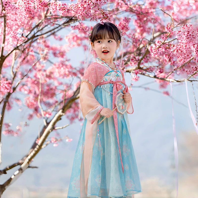 萌乎【春余】春秋款长袖国风女童汉服唐制绣花连衣裙襦裙-241244