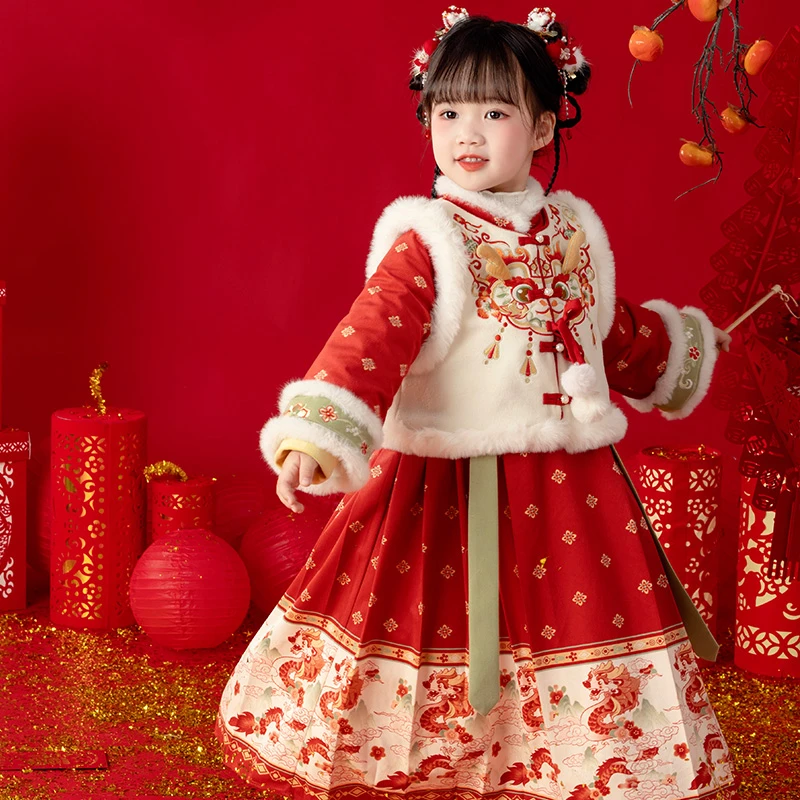 萌乎【芳华】龙年冬款国风女童刺绣马甲加棉连衣裙拜年服-234232