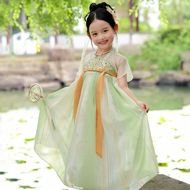 萌乎【潇湘】夏季儿童国风女童汉服连衣裙唐制齐胸薄款襦裙-242284