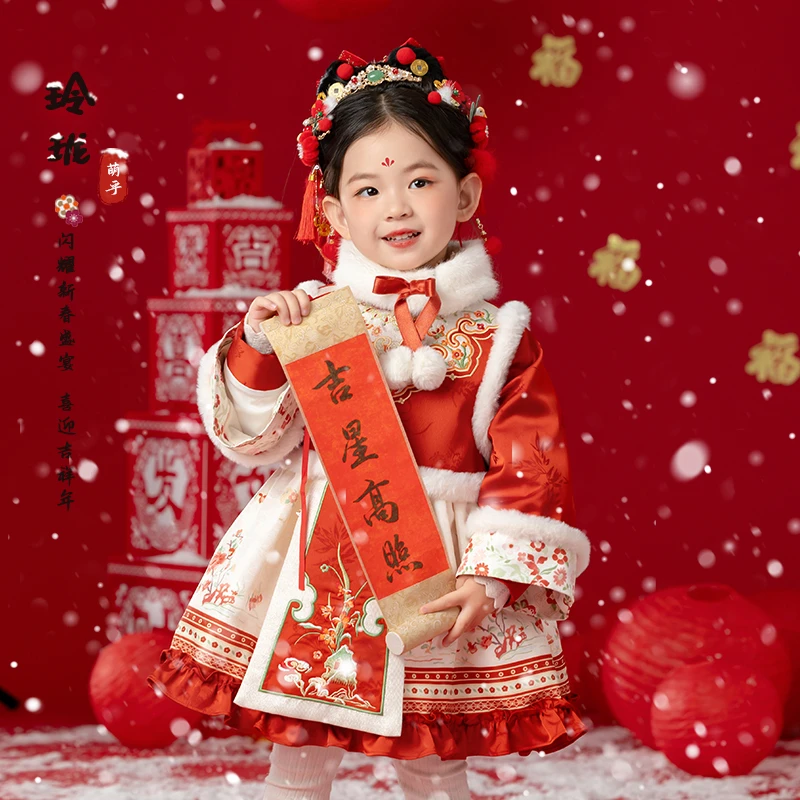 萌乎【玲珑】女童国风洛丽塔加棉加厚拜年服连衣裙女宝新战袍244515