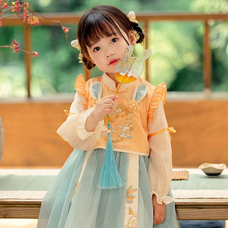 萌乎【丹桂】春秋季女童汉服刺绣童装假两件连衣裙古风套装-233606