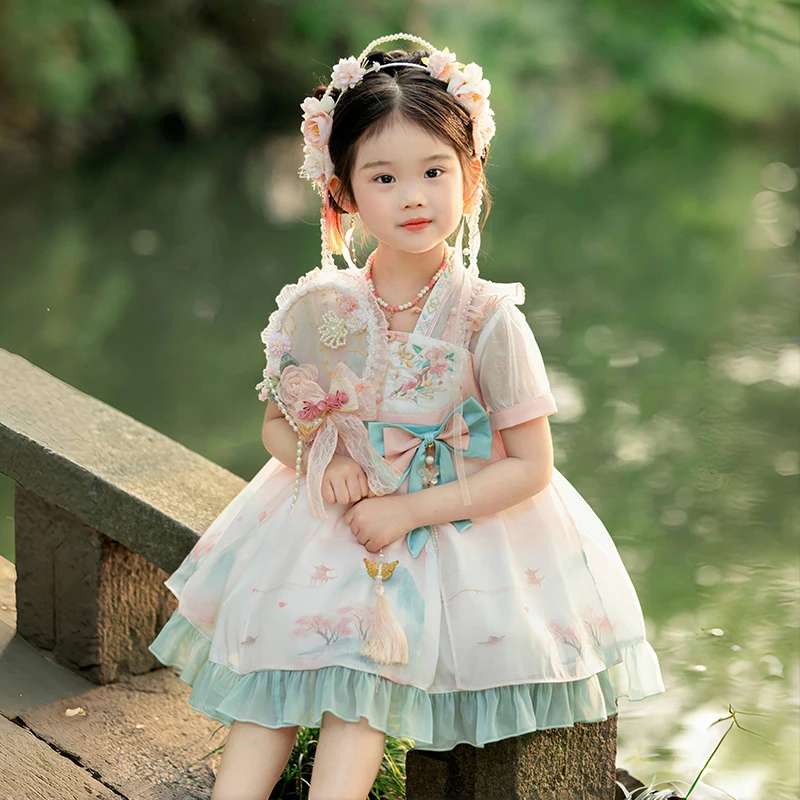 萌乎【啾啾】夏季女童短袖蓬蓬国风公主汉服洛丽塔连衣裙-242264