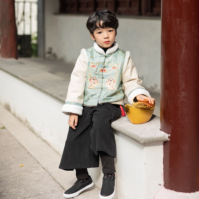 萌乎【福禄】复古福绣花女童男童外套棉服童装唐装冬季过年服-22133