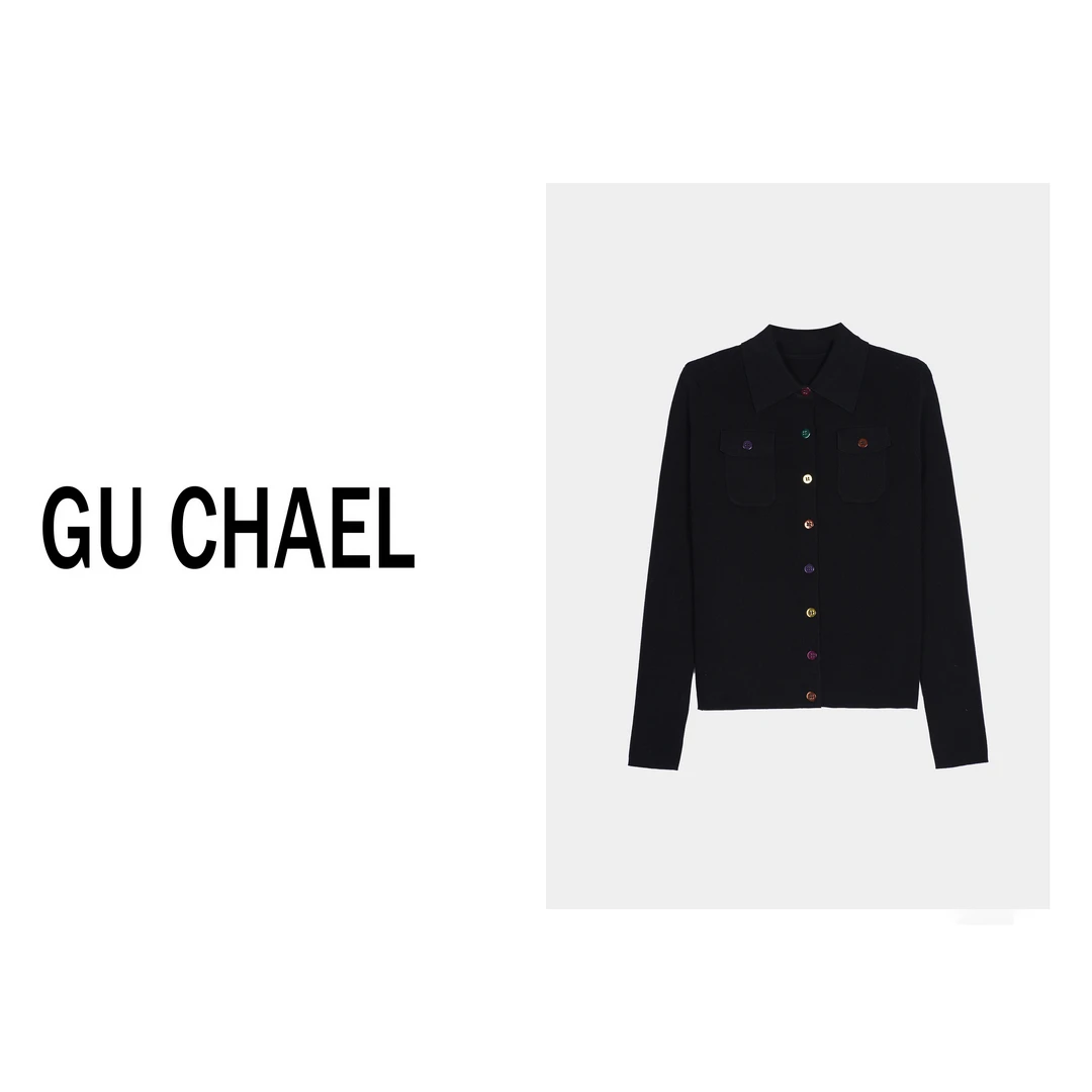 【GUCHAEL】杨树林时尚彩虹扣百搭翻领针织开衫80123-1