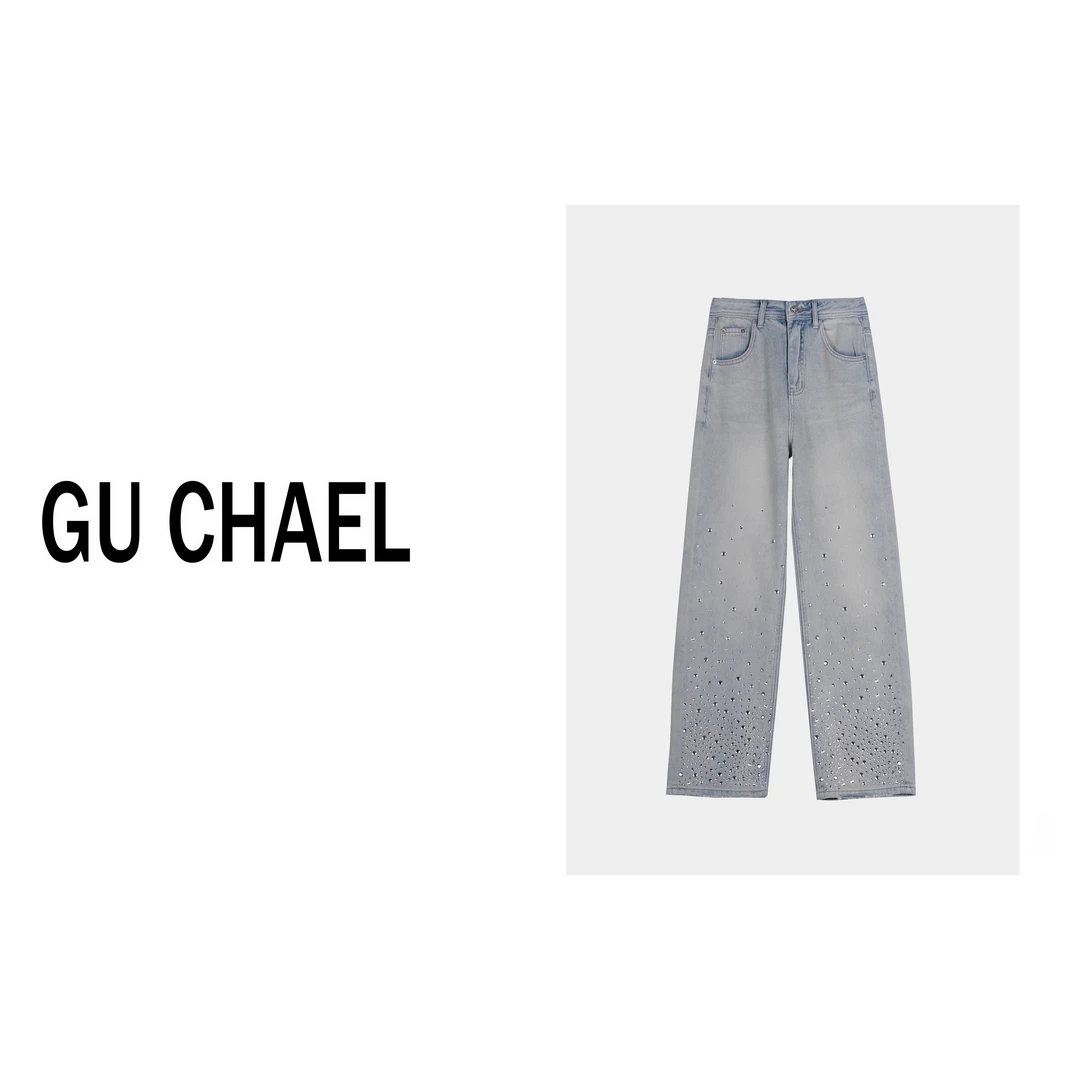 【GUCHAEL】“星光闪闪”设计师款钉钻高腰显瘦牛仔裤80102-1