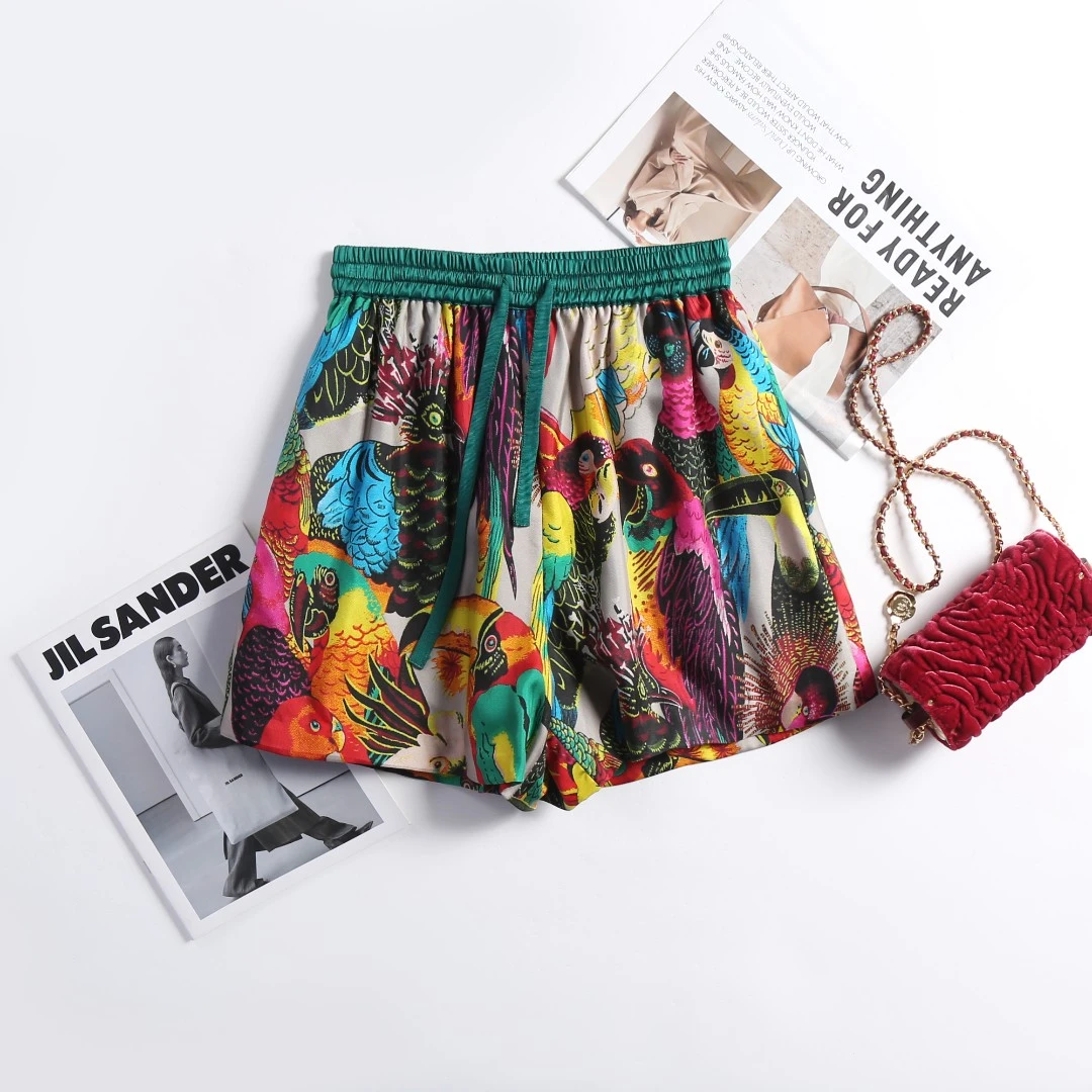 【JDRQ】复古鹦鹉印花桑蚕丝短裤80402-12