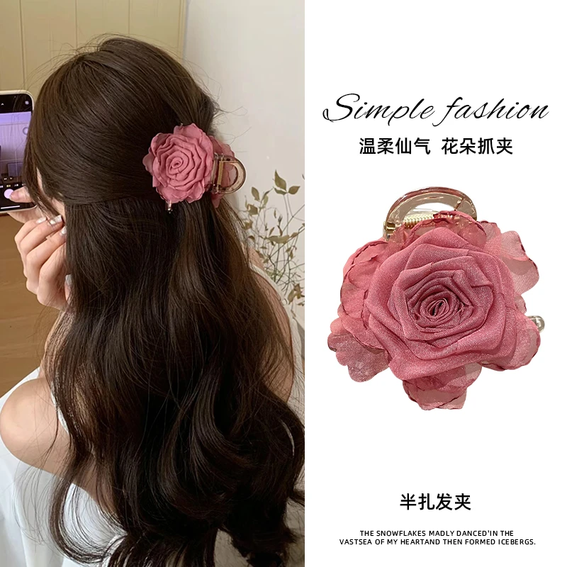 玫瑰花花朵抓夹新中式高级感山茶花发夹后脑勺鲨鱼夹夏天发饰女款