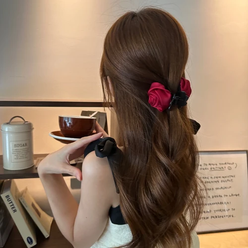 赫本风玫瑰花朵抓夹气质复古后脑勺鲨鱼夹半扎小号发夹高级感发饰