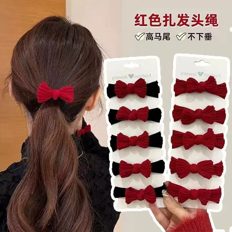 新年红色蝴蝶结发绳秋冬皮筋高弹力加厚加粗无接缝头绳头发发圈女