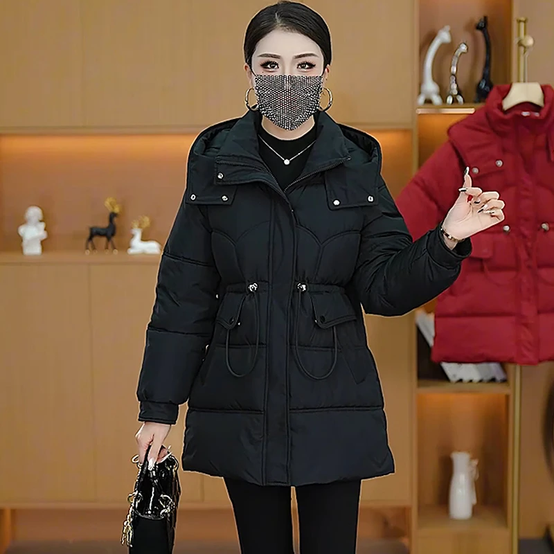 2025爆款女装棉服收腰连帽中长款时尚冬季加厚棉衣