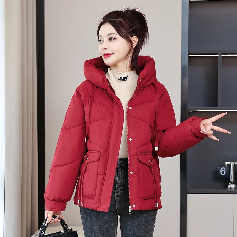 新款棉服连帽加厚棉衣时尚洋气安哥拉红棉袄