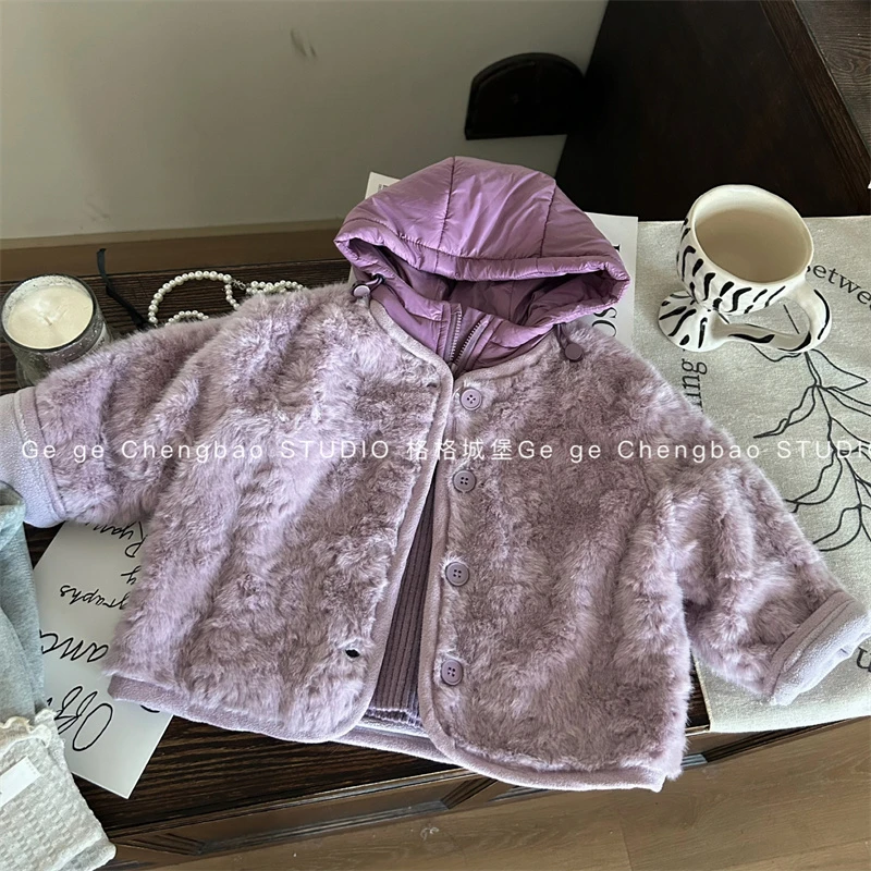 女童秋冬加厚外套2024新款毛毛外套女宝宝加厚衣服