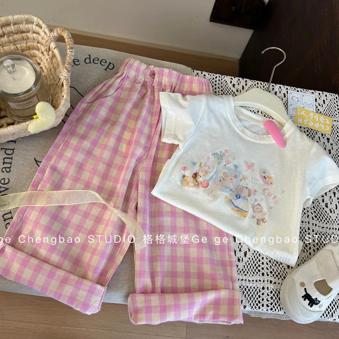 女童夏季套装2024新款韩版套装女宝宝夏季短袖T恤格子裤子套装