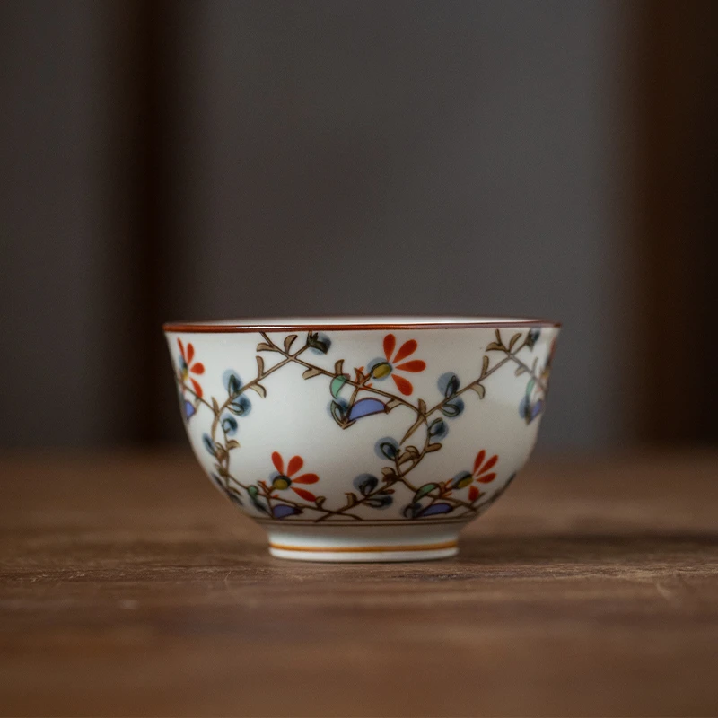 日式有田烧锦草花茶杯进口复古手工主人杯家用茶道品茗杯