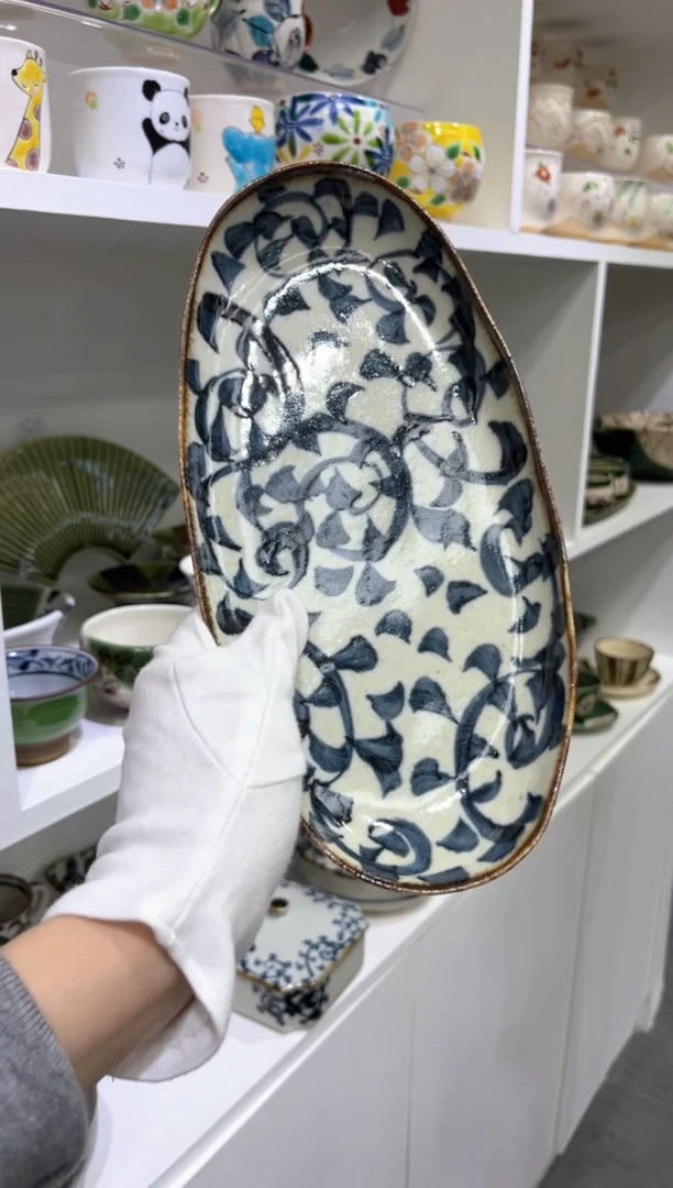 【闪购商品】陶瓷瓷片D染付唐草椭圆长盘