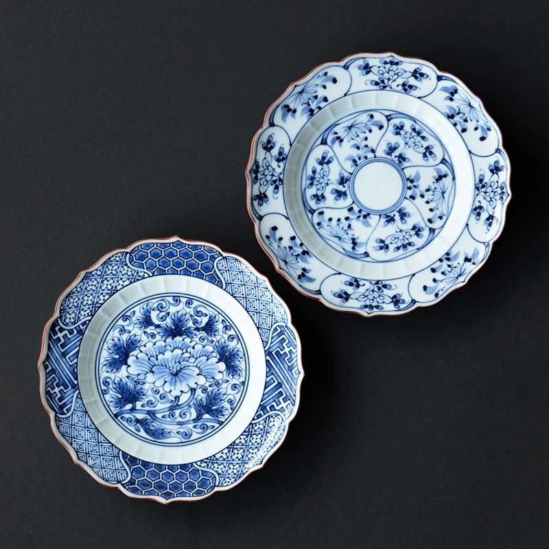 同合同合日本进口牡丹青花瓷器餐盘手工日式家用陶瓷平盘壶承菜盘