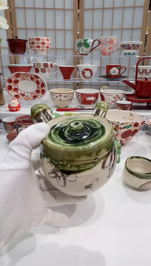 【闪购商品】瓷片织部窗鹤侧把急须