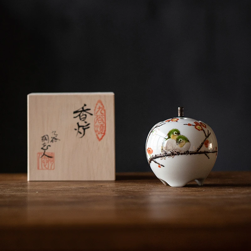 日本进口九谷烧红梅双雀香炉日式中村陶志人手作茶香炉茶道插香器