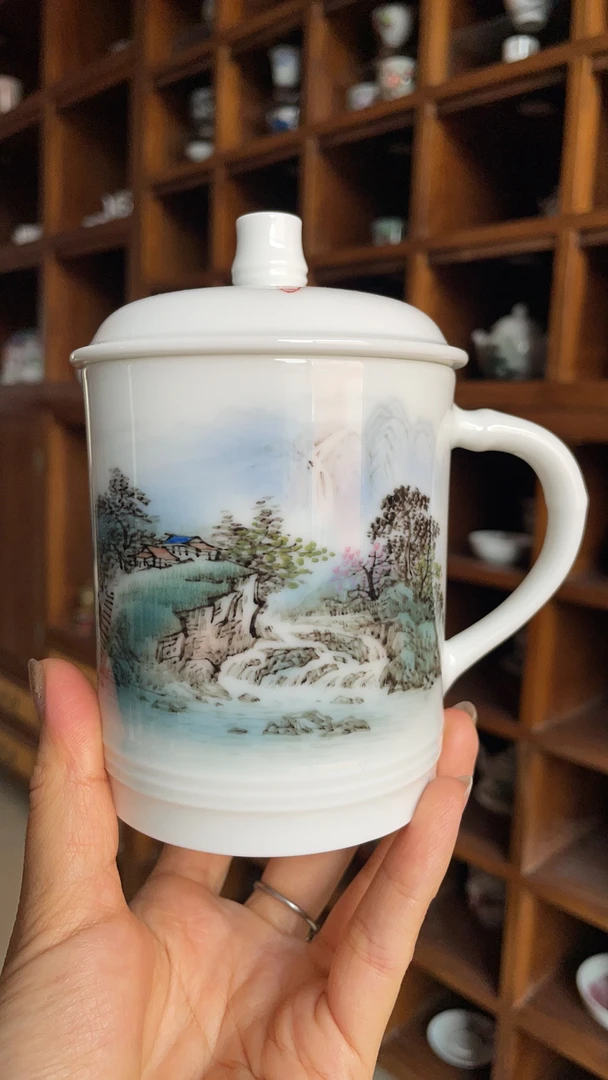 办公杯纯手绘釉下彩400毫升家用绿茶牛奶杯豆浆杯早餐杯