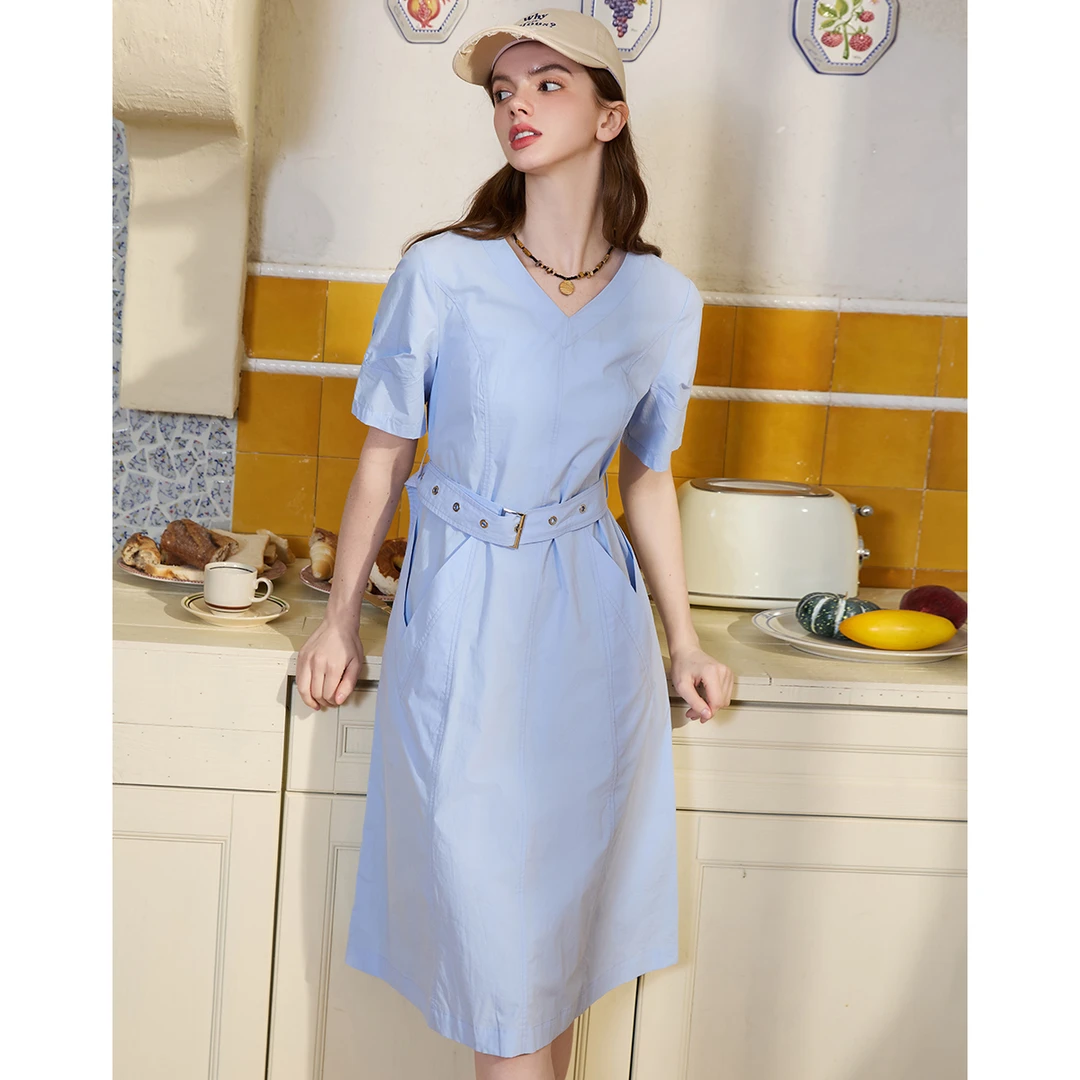 a02【金拐子专属】纯色简约设计V领收腰连衣裙休闲长裙AEI2L7486