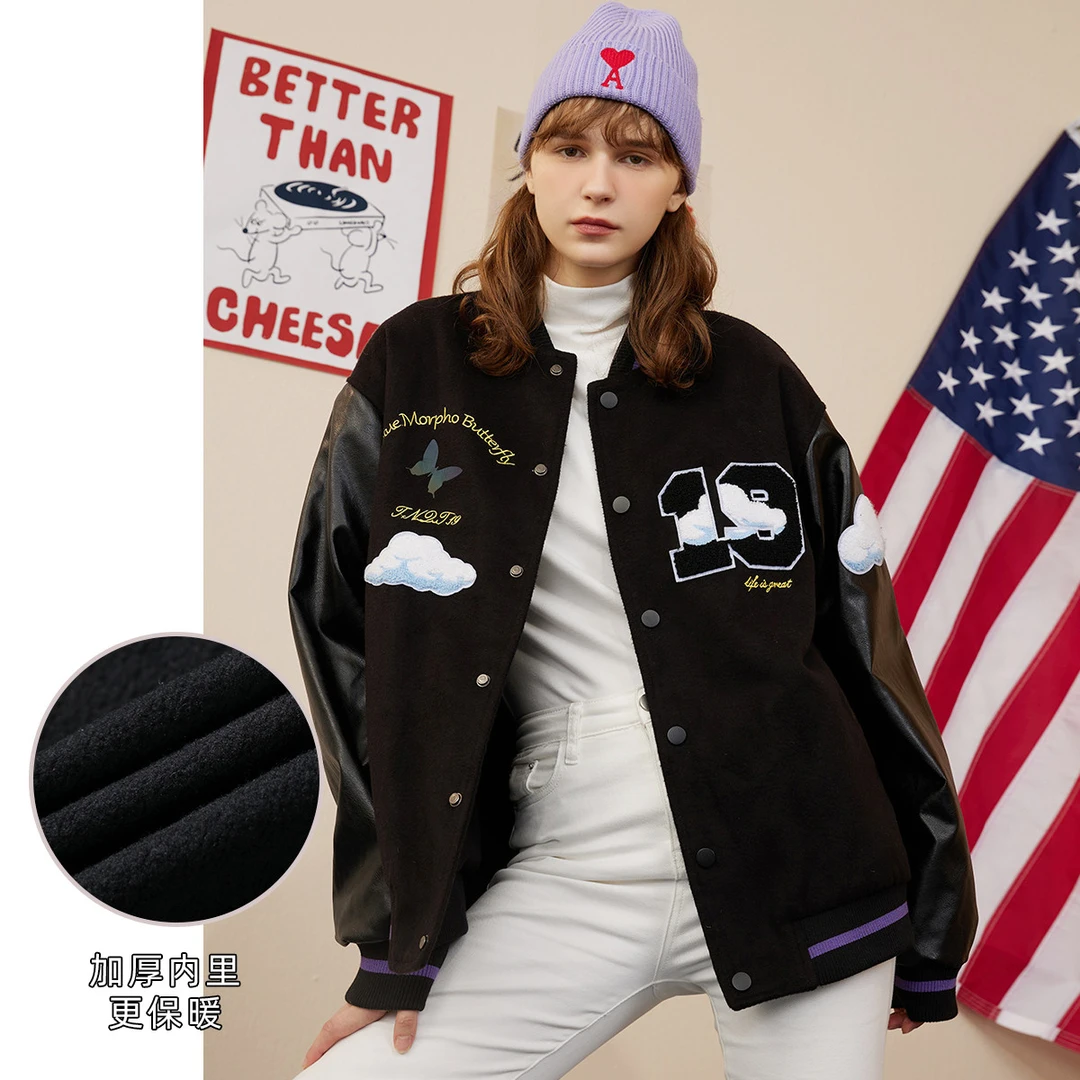 a02【金拐子专属】拼皮字母呢料休闲克莱因蓝加厚女式外套AEY4C1134