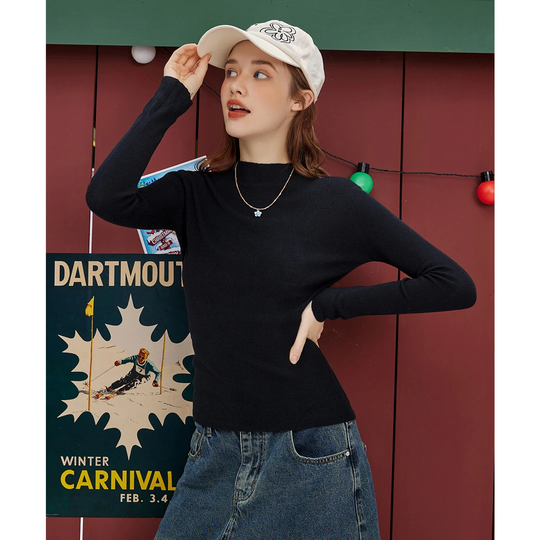 a02【妍妍专属】纯色设计半高领长袖上衣保暖女式针织衫AES4Z7385