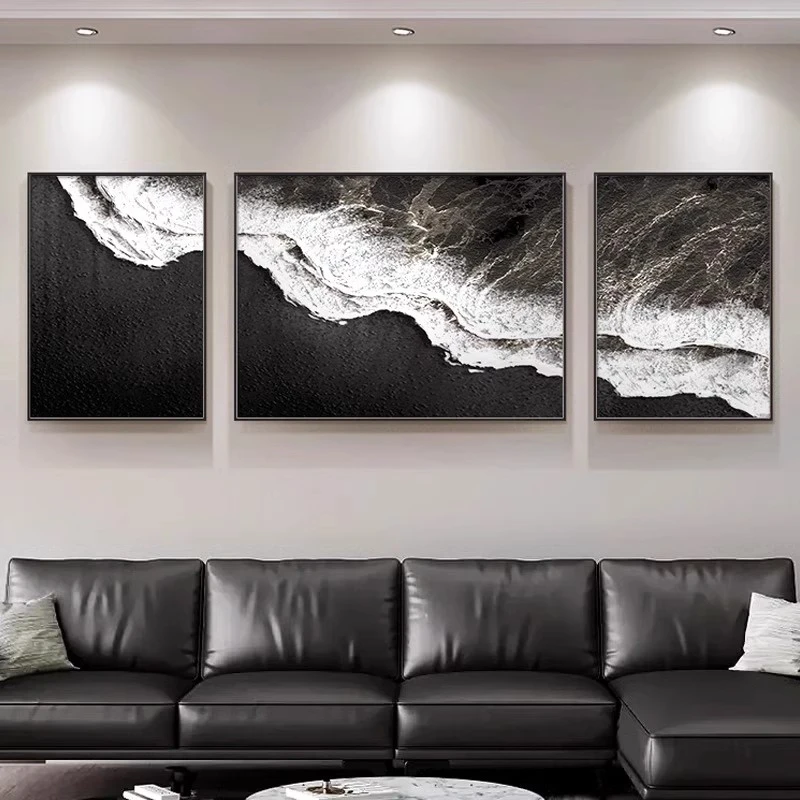 【黑白海浪】艺术客厅装饰画侘寂风高级感沙发背景三联挂画