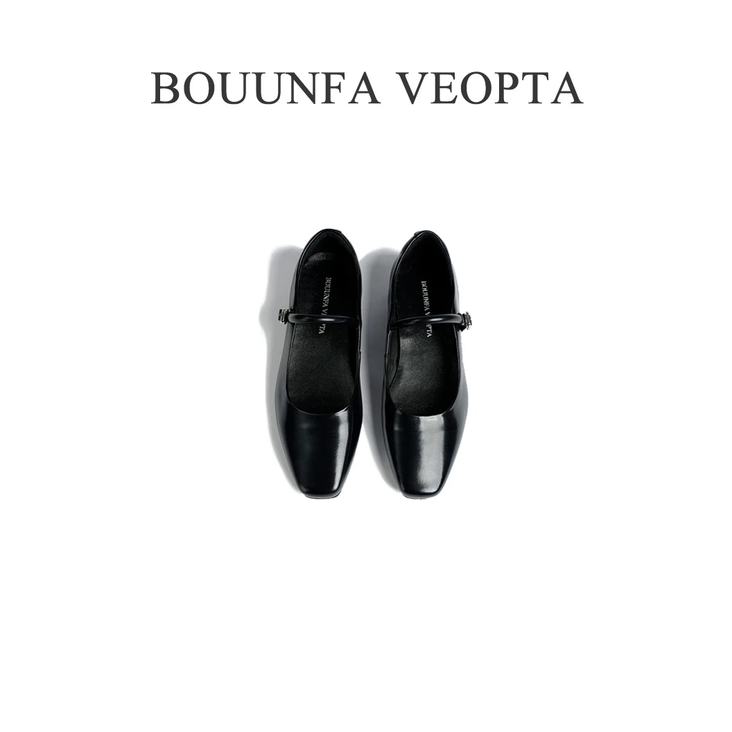 B.V（芯片版）夏季女士方头小皮鞋时尚百搭黑色商务玛丽珍平底单鞋