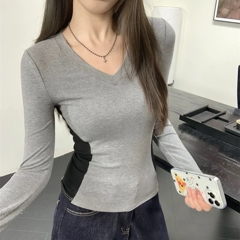 纯欲辣妹修容修身显瘦长袖T恤女秋冬内搭设计感撞色V领撞色上衣