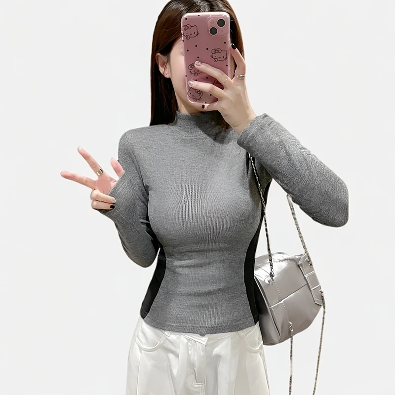 加绒半高领秋冬沙漏腰显瘦上衣女修身长袖T恤磨毛加绒内搭打底衫