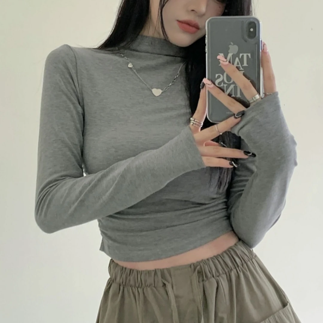 半高领显瘦短款女上衣秋冬褶皱设计感纯色百搭修身韩版长袖打底衫