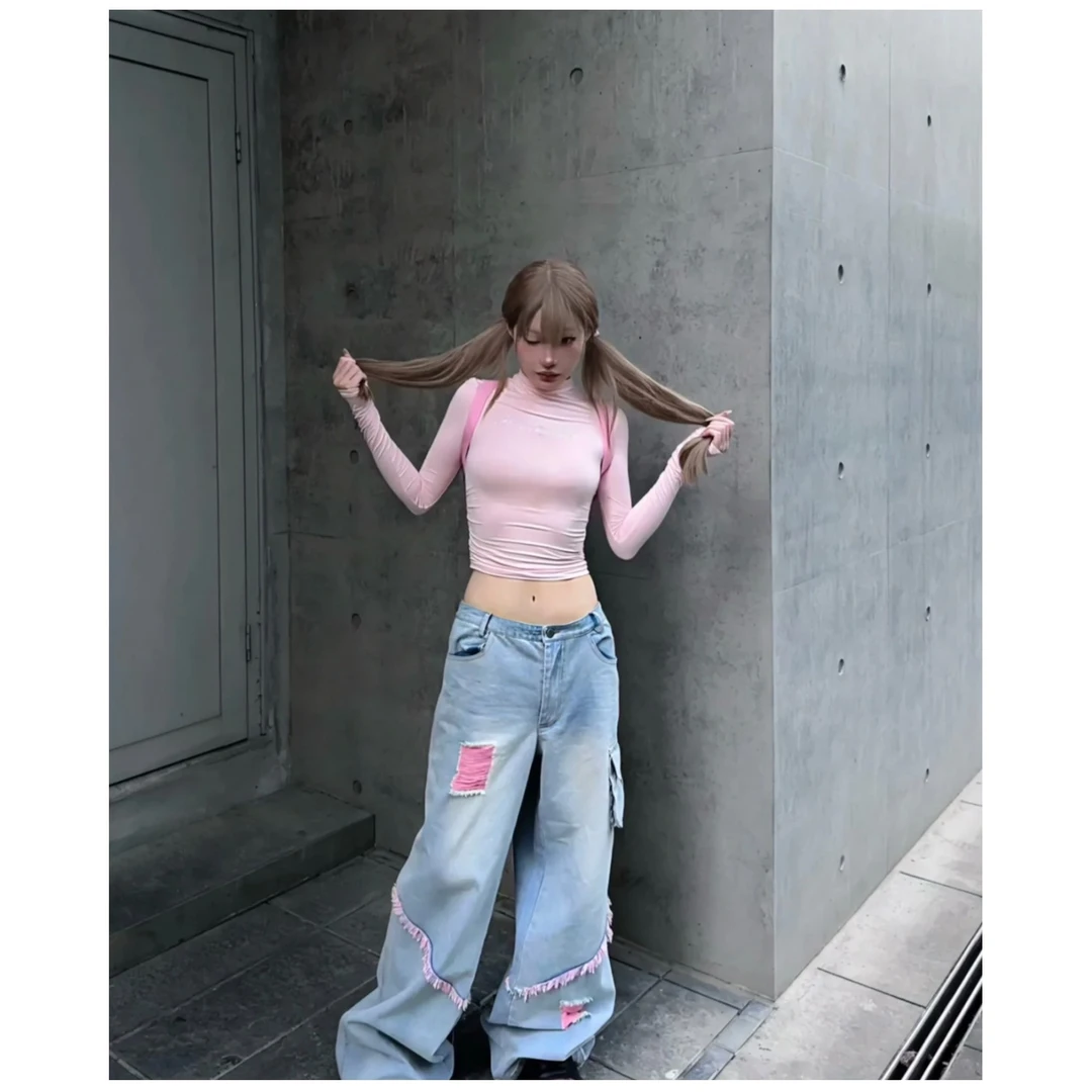 烫钻舒适弹力基础百搭半高领修身收腰显瘦褶皱美式短款辣妹长袖