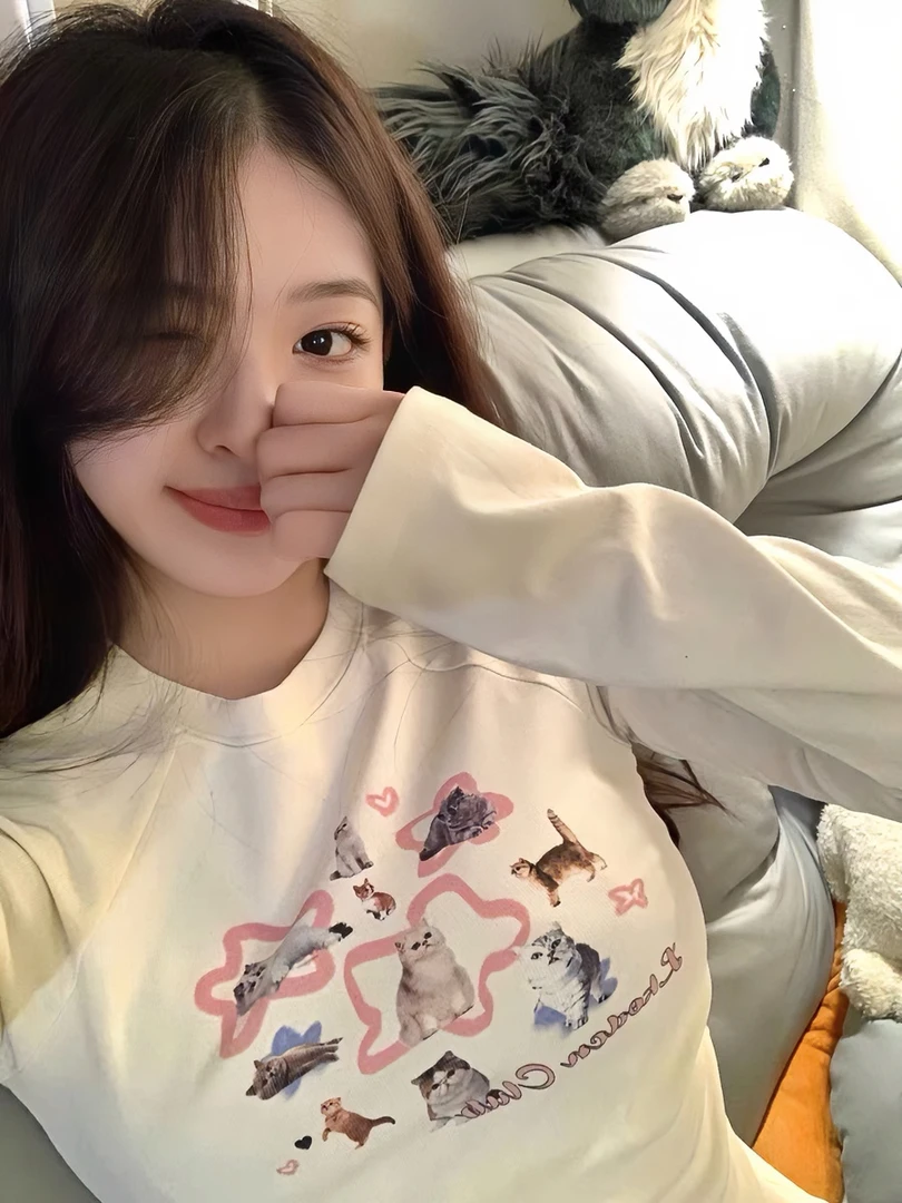 美式圆领辣妹短款t恤秋季猫咪印花设计感修身显瘦小众百搭长袖ins