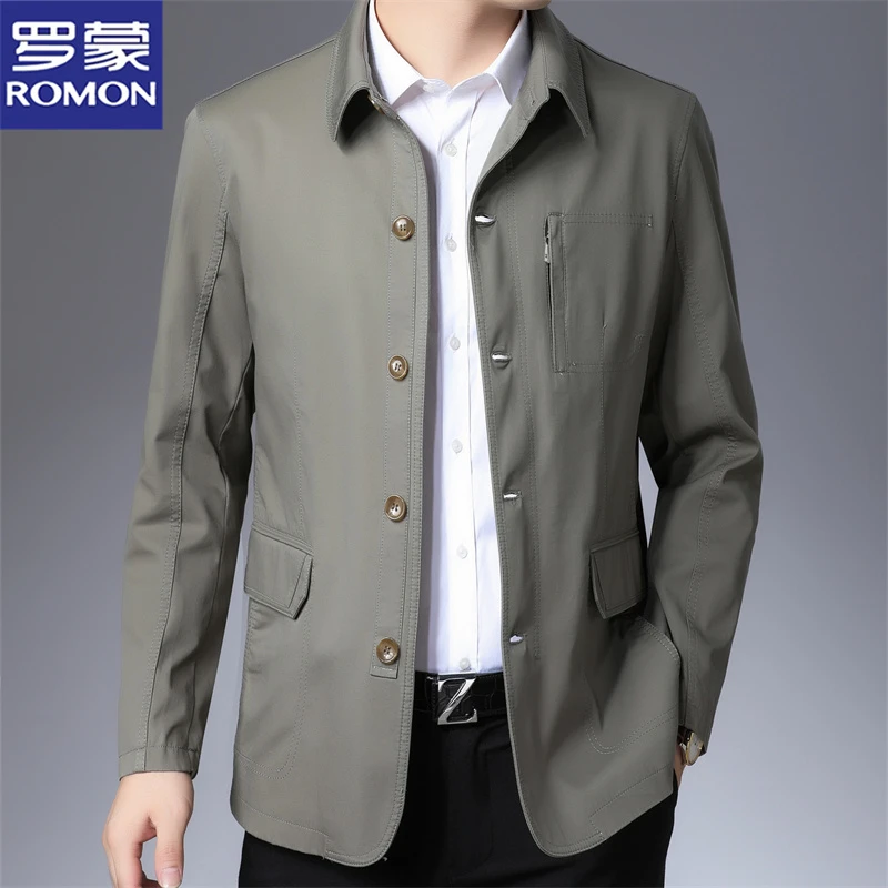 罗蒙纯棉男士夹克春秋季新款时尚休闲纯色百搭中年宽松翻领外套男
