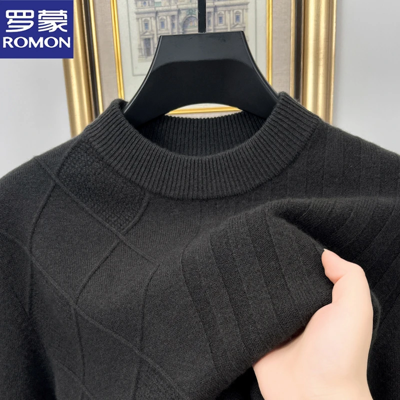 罗蒙秋冬季保暖羊毛衫男士纯色半高领毛衣套头亲肤提花针织打底衫