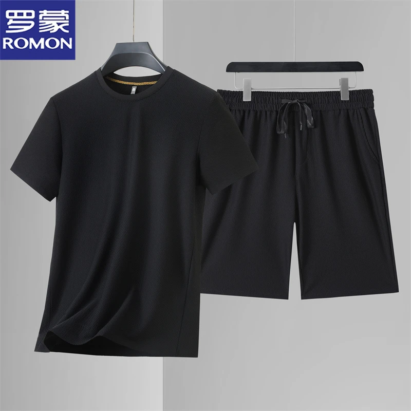 罗蒙冰丝短袖套装男士夏季商务休闲透气薄款圆领t恤短裤两件套男