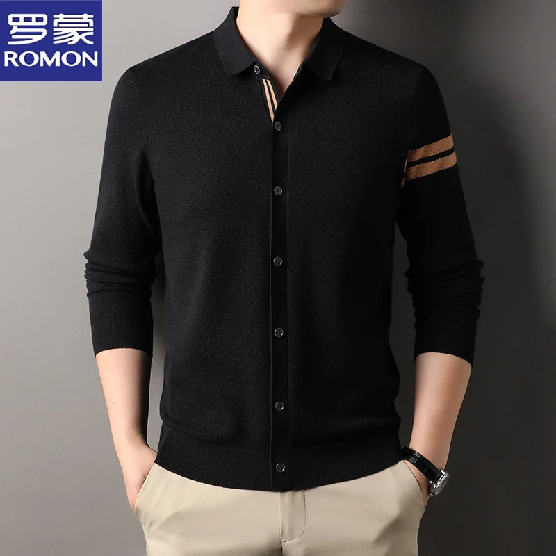 罗蒙男士韩版百搭翻领长袖针织衫春秋季新款商务条纹中青年毛衣男