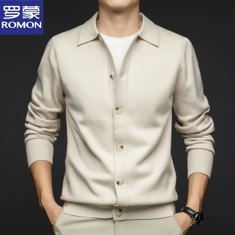 罗蒙秋冬爆款男士毛衣开衫纯色内搭衬衣时尚翻领厚款保暖针织外套