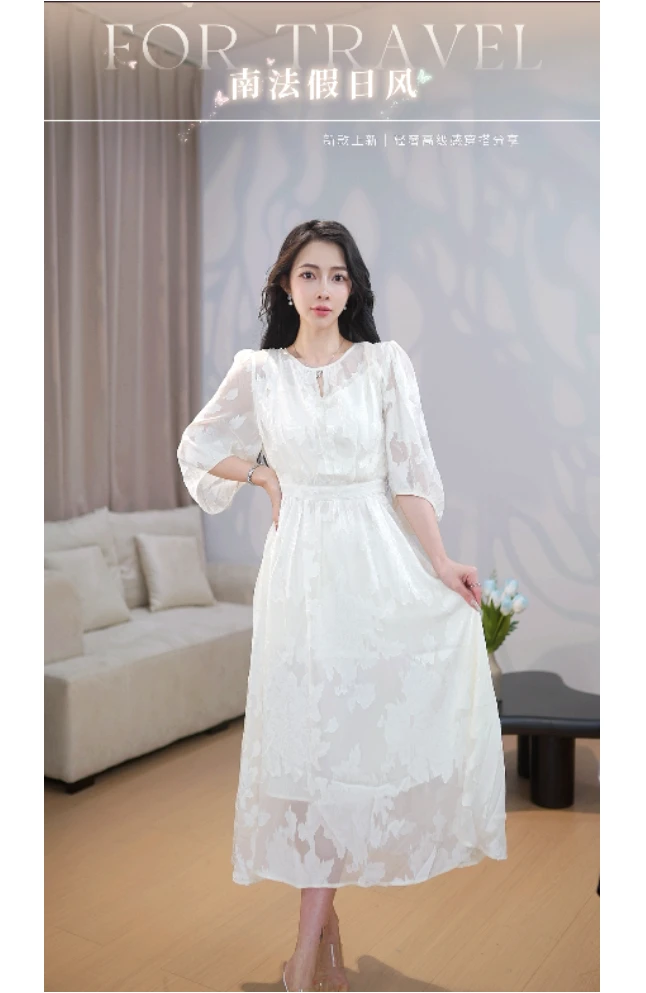 夏季新款法式圆领高级感白色时尚收腰优雅气质显瘦女装连衣裙8829