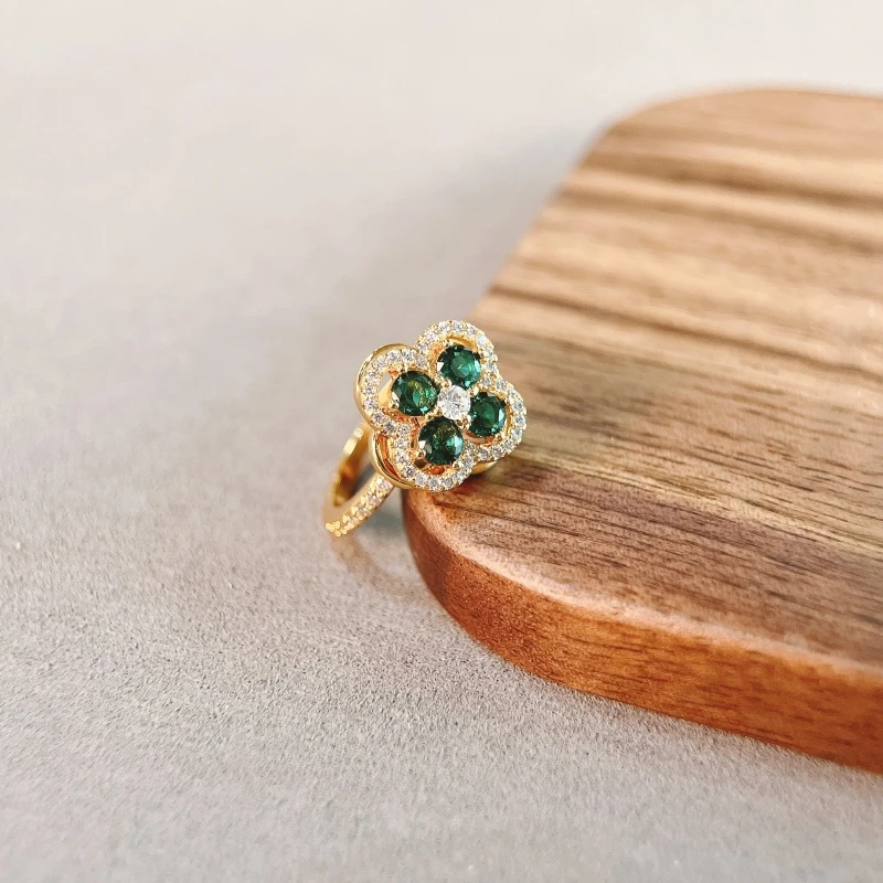 铜合金合成锆石戒指 【1683】美/施/旋转四叶草戒指