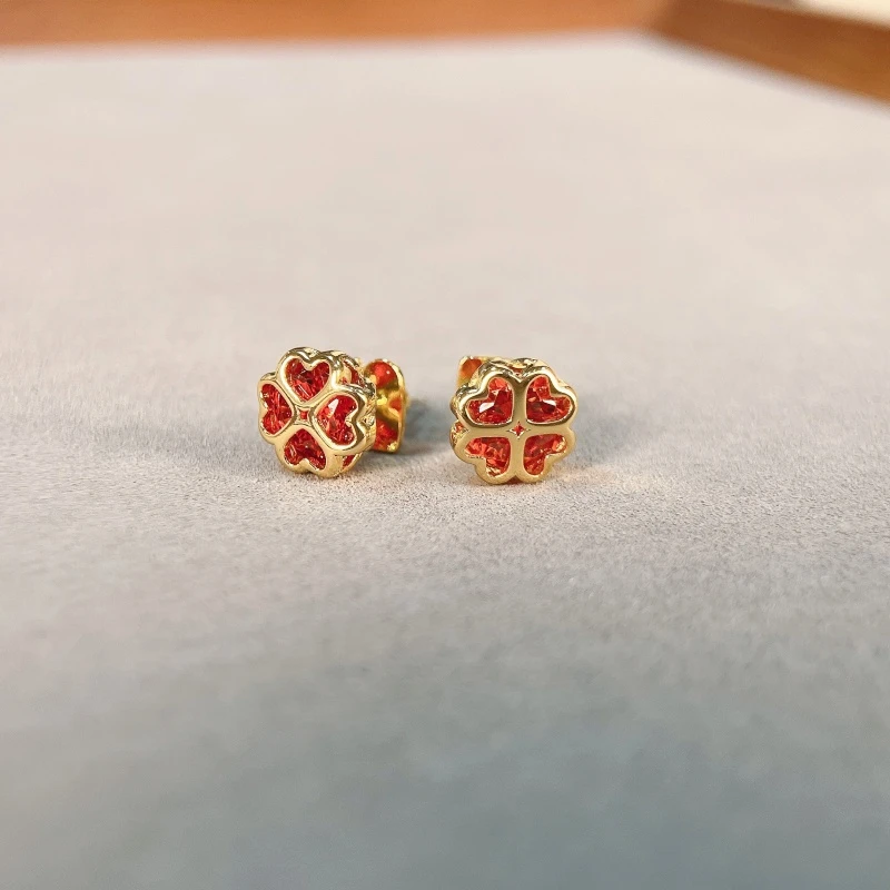 铜合金合成锆石耳饰 【1695】美/KS/赫拉小姐花园/四叶草耳钉*红