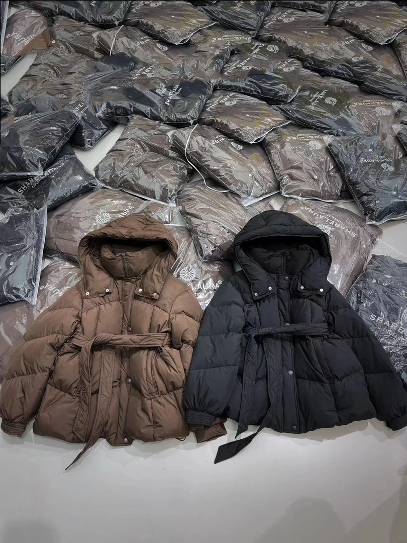 韩版洋气显瘦小个子系腰带连帽中长款连帽羽绒服女冬季新款 9092