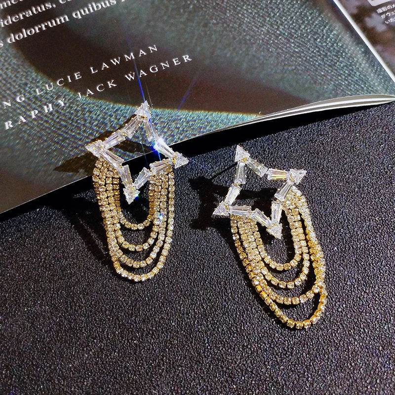 铜合金合成锆石耳饰 个性长款锆石耳环韩国气质女时尚设计感耳饰