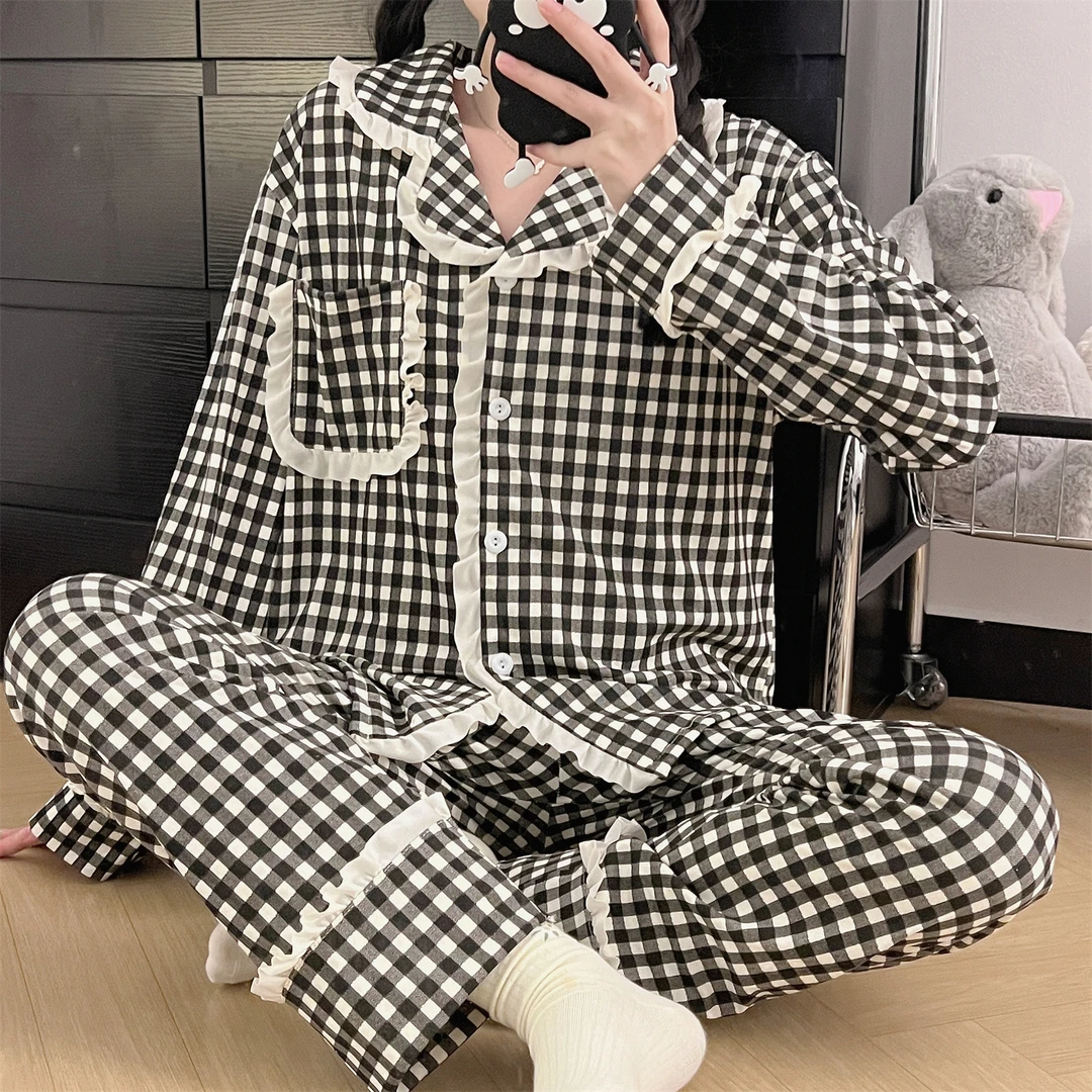 【丰锦优品】甜美格子简约荷叶边春秋新款长袖开衫家居服