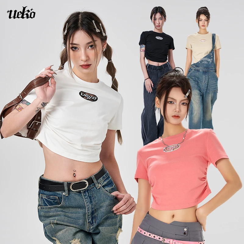 【小裴专属】美式复古弧形下摆短袖辣妹正肩女恤短款潮TMZ010X