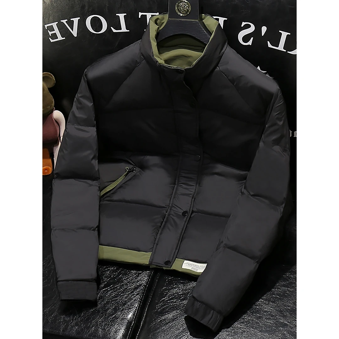 秋冬加厚保暖短款外套拼色立领修身轻薄棉服男士帅气时尚青年上衣