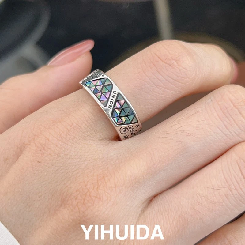 925银戒指 彩色贝壳字母涂鸦国潮时尚戒指秋冬新款